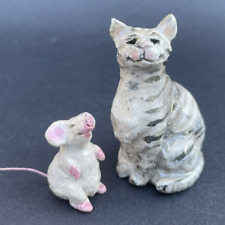 LISA SCHUMAIER Signed Raku Art Pottery Tabby CAT & RAT Mouse Sculpture Figurine picture