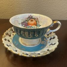 Vintage LM Royal Halsey Luster Tea Cup & Saucer Set - Teal & Fruit picture