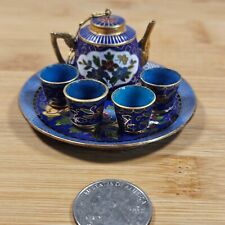 Vintage Cloisonné Miniature Chinese Teapot 6pc Set Brass Enamel Inlay Peonies picture