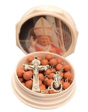 VTG Container - Pope John Paul Rosario De Petali De Rosa Rose Petals Wood Rosary picture