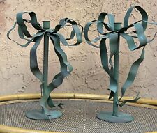 Vintage Pair of Decorative Patinated Painted Iron Ribbon Candlesticks 13.5“ Tall picture