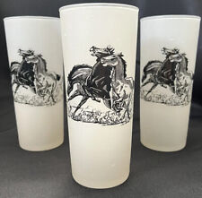 Set 3 Vintage Anchor Hocking Frosted Glasses Horses Stallions Wild Racing Black picture