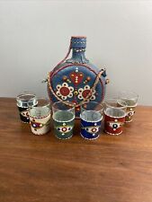 Vintage Blue Leather Wrapped Bohemian Folk Art Decanter Canteen & 6 Shot Glasses picture