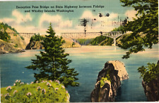 Deception Pass Bridge Between Fidalgo & Whidby Islands Washington c1943 Postcard picture