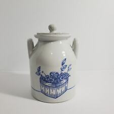 Vtg Farmhouse White Ceramic Handled Milk Jug Crock w/Lid and Blue Flowers  picture