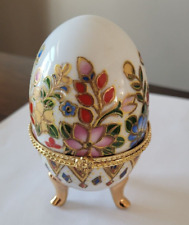 Vintage Gold and White w/ Flowers Painted Egg Hinged Ceramic Trinket Box Easter picture
