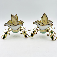 Set of 2 Stained Glass Dove Bird Candle Holder Votive Metal Gold Wire Scrolled picture