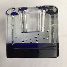 Heavy Art Glass Cobalt Blue Clear Votive Candle Holder Square Mexico NICE 2 7/8” picture