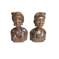 VTG Hand Carved Couple Pair Busts Wood Man Woman Tribal Set picture