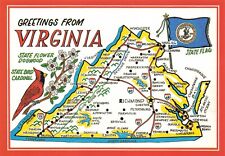 Postcard VA Virginia State Map Illustrated Drawing Art Cardinal Dogwood Beach picture