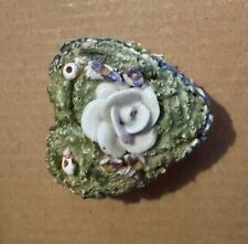 Antique German Elfinware Porcelain Heart  Trinket Box Green  Flowers picture