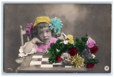 c1910's Cute Little Girl Flowers Studio Portrait RPPC Photo Antique Postcard picture