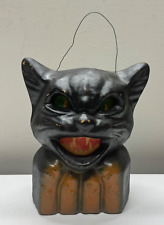 vintage halloween paper mache black cat on fence lantern SK picture
