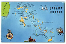 1964 The Bahama Islands Map As Guide for Tourists with Compass Nassau Postcard picture