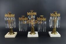 Exceptional c1850s 3pc Victorian Gilt Brass Mantle Luster Prisms Candelabra Set picture