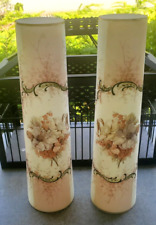 Pair Victorian Hand Painted Opaline Glass Mantle Vases Pink Florals Gilt 14 Inch picture