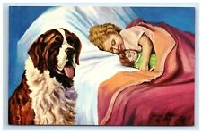 Postcard Dog St Bernard and Little Girl Sleeping Lewis Larsen Painting c1953 UNP picture