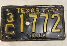 Vintage 1954 3C 1772 Texas Truck License Plate Black Yellow picture