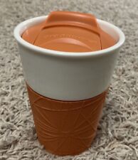Starbucks 2013 White Ceramic 8 oz Coffee Tea Mug Cup w/ Orange Rubber Grip & Lid picture