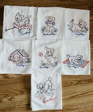 SET OF 7 VTG STYLE HAND EMBROIDERED FLOUR SACK TOWEL CUTE DOG PUPPY THEME picture
