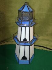 VINTAGE TIFFANY STYLE-STAINED GLASS BLUE & WHITE LIGHTED LIGHTHOUSE picture