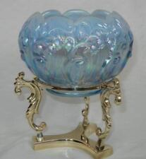 Vintage Fenton Art Glass Rose Bowl Candle Holder Opalescent Ice Blue Brass Stand picture