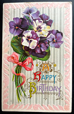 Vintage Victorian Postcard 1911 A Happy Birthday - Pansies on a Stripped Back picture