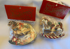 2 MJ Designs Fillable Wood Rocking Horse Christmas Ornaments NOS Vintage 1992 picture