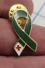 VTG Lapel Pinback Hat Pin Gold Tone Green Awareness Ribbon Red Cross  picture