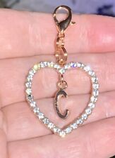 Rose Gold Heart Letter C Initial CZ Charm Zipper Pull & Keychain Add On Clip picture