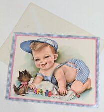 Vintage 50’s Jumbo 9.5” Greeting Card Happy Birthday Baby Boy Blue Hat Kitty picture