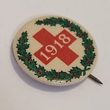 Vintage 1918 Red Cross Christmas Wreath Pinback Button Pin Ehrman Malden Mass 1