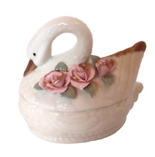 Vintage Porcelain Swan with Roses Trinket Box NIB picture