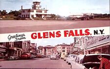 1950s GLEN FALLS NY STORE AIRPORT TOWN VIEW ANTIQUE GREETINGS LARGE POSTCARD Z86 picture
