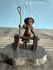 Bronze Little Village Girl Figured On Marble 3” picture