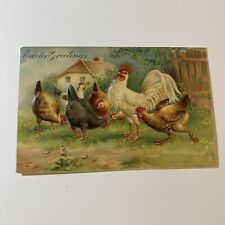 Easter Greetings Bas Relief Rooster And Chickens On Farm Postcard UNP VTG picture