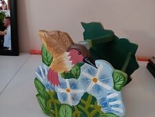 Hand Carved Wood Green Basket Hummingbird Flowers, Garden Country Decor, Vintage picture