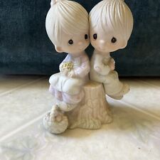 Precious Moments E1376 Love One Another Vintage Signed Girl & Boy On Stump picture