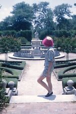 1964 Woman in Flower Outfit Loafer Pink Hat in Garden 60s Vintage 35mm Slide picture