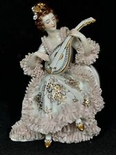 Vintage Dresden German Lady in Lace Dress Playing Lute 6.25” picture