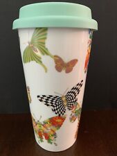 MacKenzie Childs Butterfly Garden Double Wall Porcelain Travel Cup w/Lid  14 oz picture