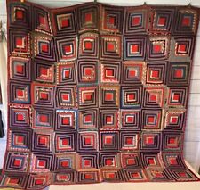 Vintage 1940s Hand Sewn Log Cabin Quilt 69” X 70”  Purple Black Red picture