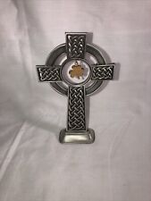 JCC Fine Pewter- Free Standing Celtic Cross Figurine With Gold Clover Charm picture