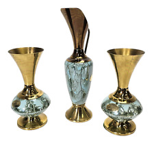 Vintage Delft Accents Brass Blue Gold Enamel Vases Holland Set of (3) picture
