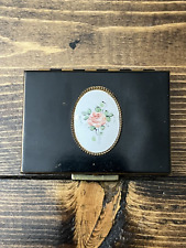 Vintage Black Enamel Ladies Powder Compact-Floral Design- Exquisite Design-VG+ picture