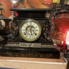 Antique Ansonia Mantle 8-day Clock, Cast Iron - Steel. Heavy PERFECT CONDITION picture