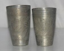 1930'S OLD BRASS 2Pcs HANDCRAFTED FLORAL INLAY ENGRAVED MILK/LASSI/WATER GLASSES picture