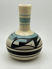 Vintage Native Signed Small Vase White Black Blue Small Small 5.25 Inches picture