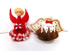 2 VINTAGE CHRISTMAS ANGEL FLOCKED HOLLY & BERRY & PAPER BLUE SLEEPY EYES DOLLS picture