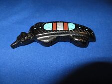 ZUNI Black Jet Badger Fetish Carved Totem Inlaid Turquoise & Shell Gold Gift Box picture